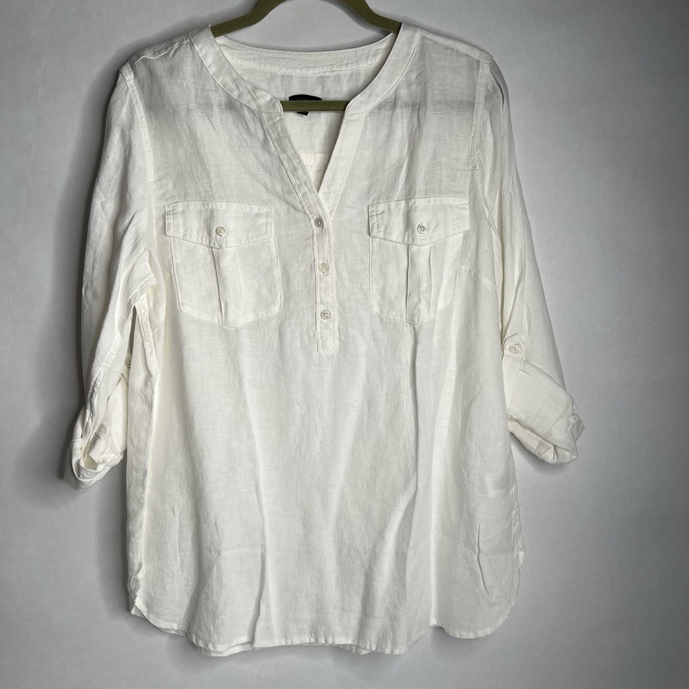 Talbots Womens‎ 100% Linen Roll Tab Tunic Top V Neck Popover Shirt Sz L White